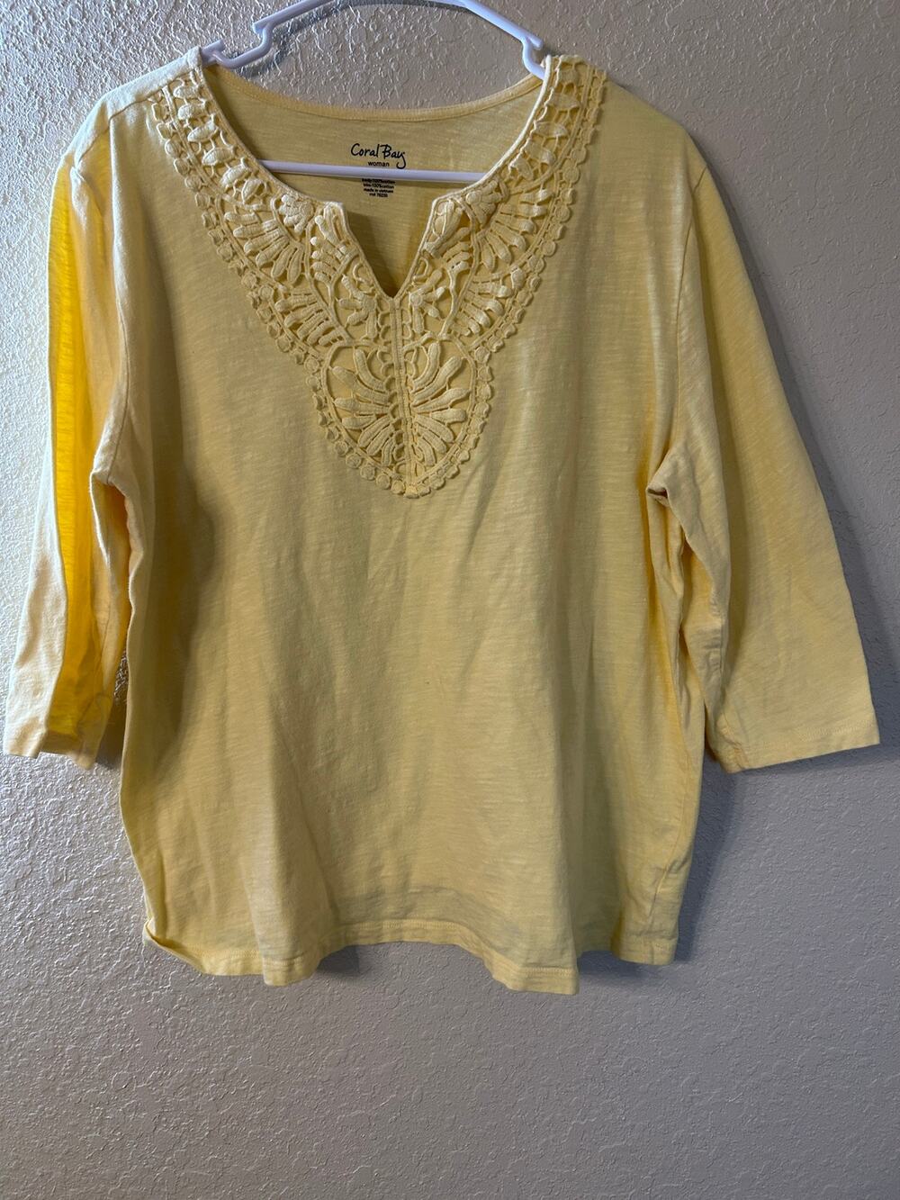 Coral Bay Woman Plus 1X Light Yellow Crochet Lace V-Neck Top